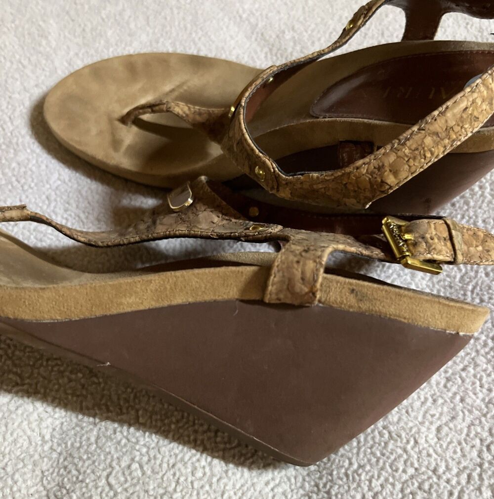 Lauren Ralph Lauren Sandals Women's 6 Tan Wedge Sandals Cork Strap Thong Slides - Picture 6 of 7